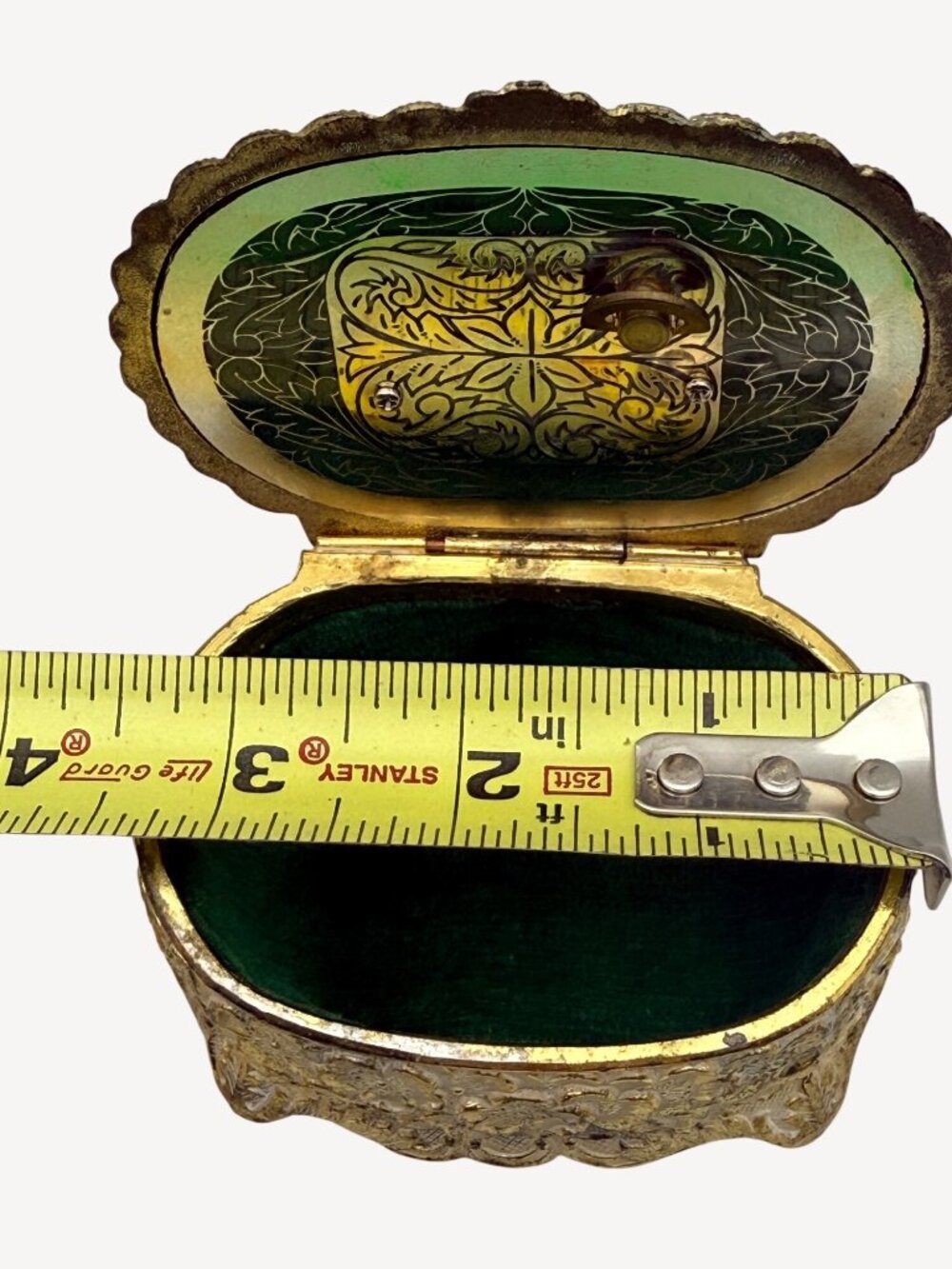 VTG Mele Musical Trinket Jewelry Box Sankyo Gold Filigree Green Velvet Japan - Picture 7 of 10